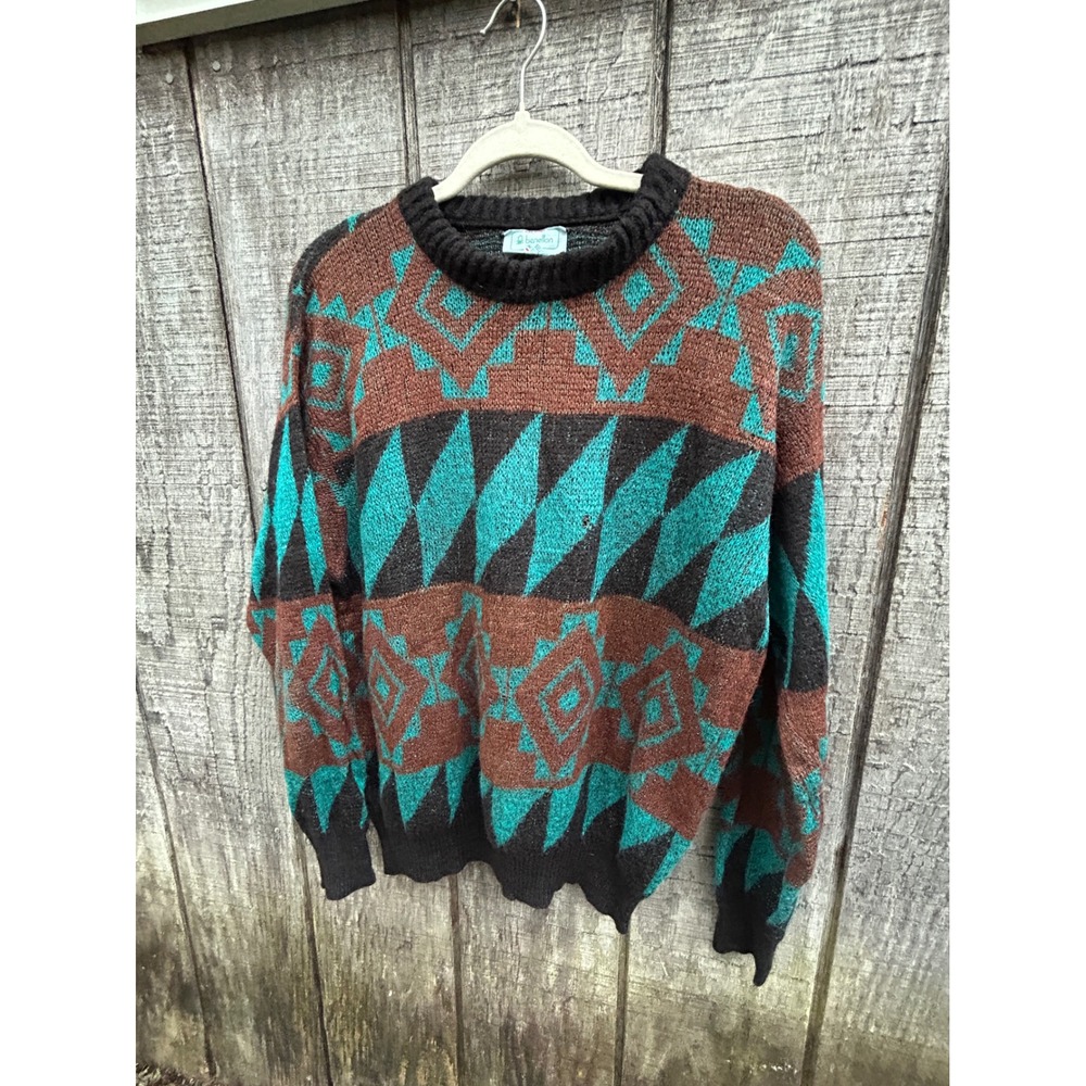 Vintage 80s Benetton Mohair Cosby Sweater Geometric Teal Brown Italy Size 44